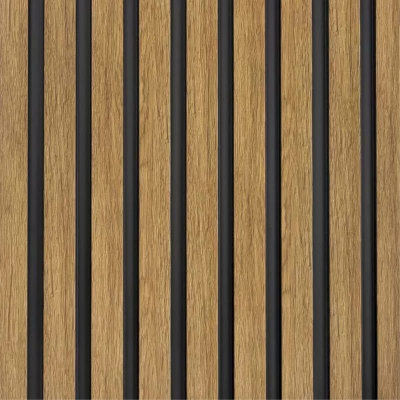 Panel decorativo de listones de madera y fondo negro, ideal para paredes modernas.