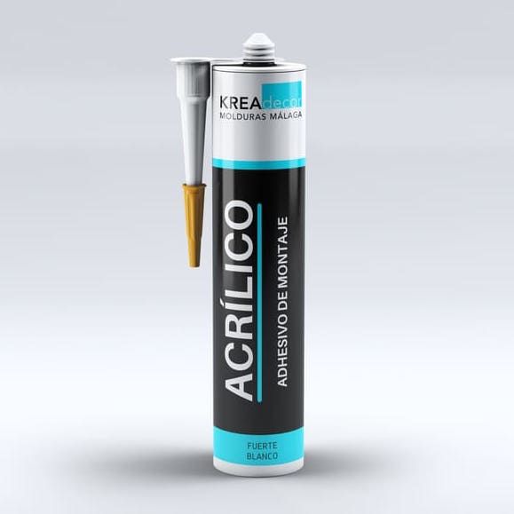 Cartucho de adhesivo acrílico de montaje blanco para molduras y rodapiés de pared.