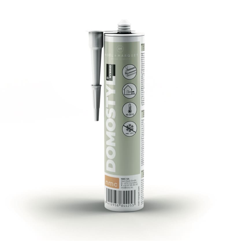 Adhesivo híbrido para molduras en exterior, tubo vertical con dosificador y pictogramas explicativos.