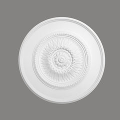 Rosetón de techo decorativo blanco con diseño floral en relieve, ideal para interiores elegantes.