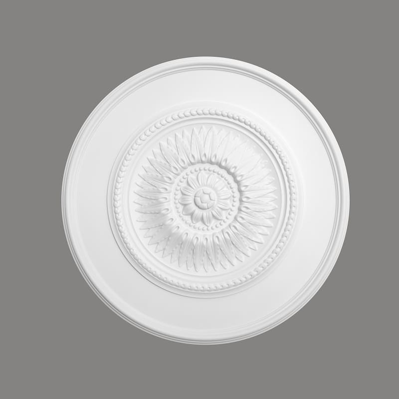 Rosetón de techo decorativo blanco con diseño floral en relieve, ideal para interiores elegantes.