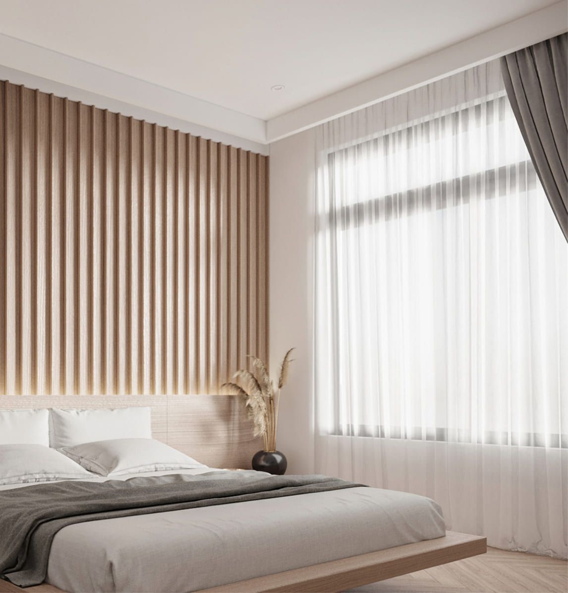 Dormitorio moderno con moldura decorativa de pared en madera, cama y cortinas blancas