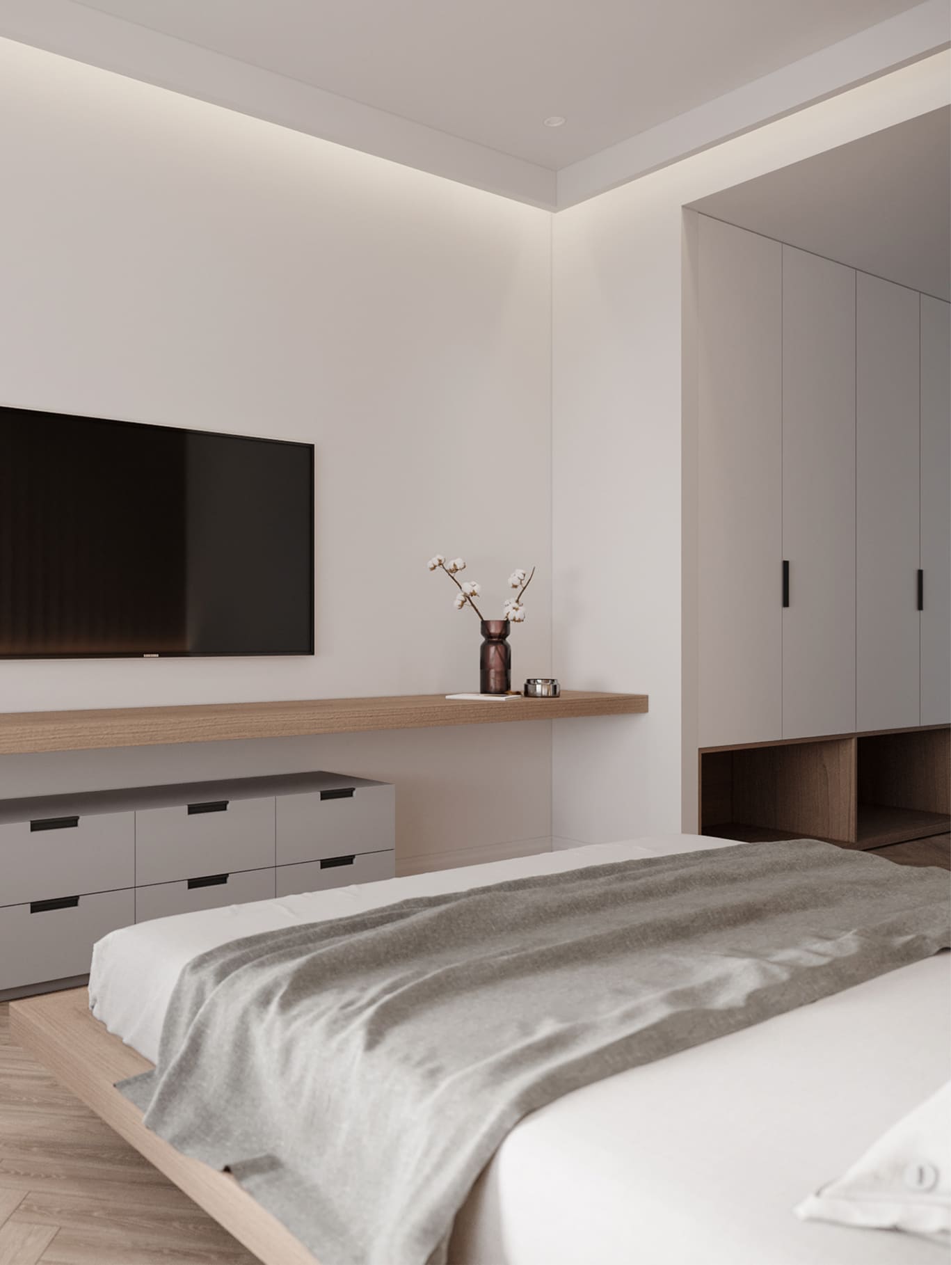Dormitorio moderno con molduras decorativas, pared blanca, muebles minimalistas y luz indirecta.