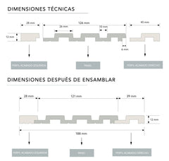 Diagrama técnico de panel decorativo y perfiles de acabado con dimensiones detalladas en milímetros.