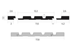 Esquema técnico de moldura decorativa con medidas detalladas para pared o suelo