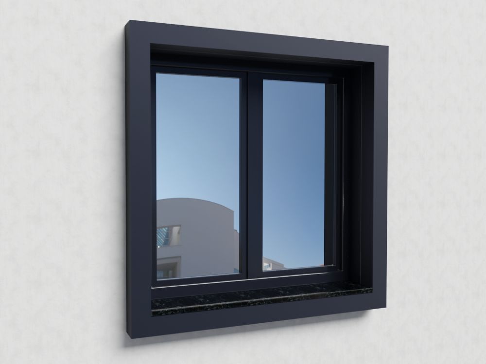 Ventana moderna con moldura negra decorativa y alféizar de mármol en pared blanca