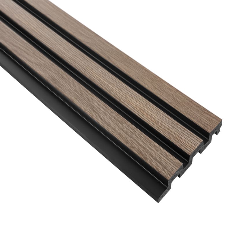 Panel decorativo de pared con acabado efecto madera y detalles en negro, estilo moderno.