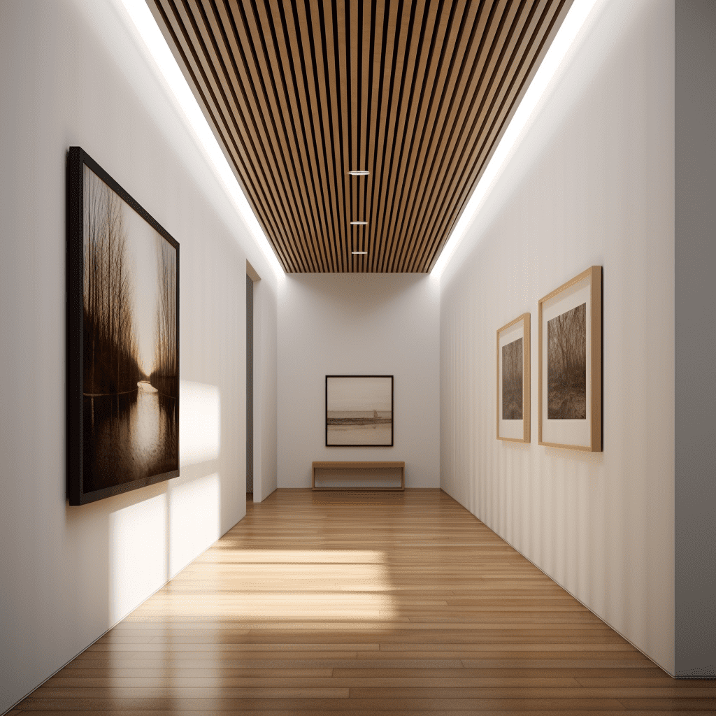 Techo decorativo de lamas de madera en pasillo moderno con iluminación LED y paredes blancas.
