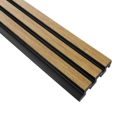 Panel decorativo de pared imitación madera, acabado roble natural y líneas negras