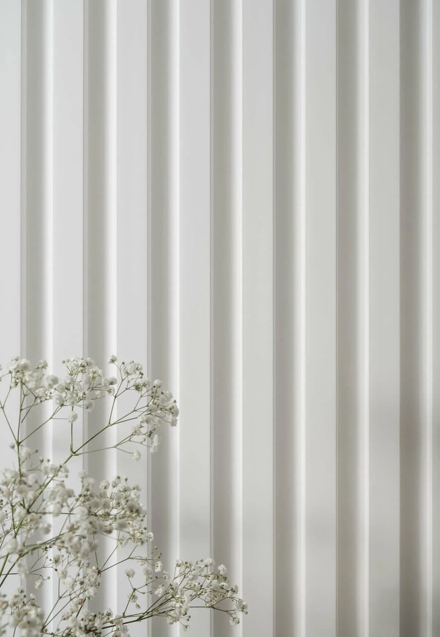 Molduras decorativas blancas modernas en pared, detalle con flores secas blancas