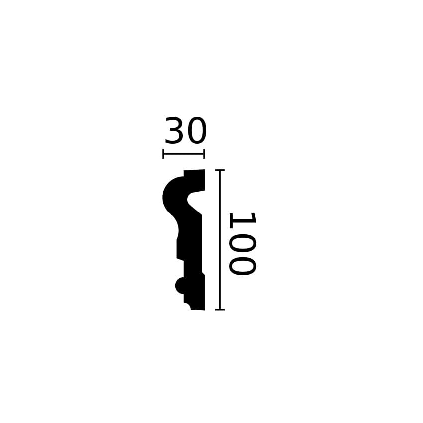 Perfil de moldura decorativa para exterior, dimensiones 30x100 mm, fondo blanco