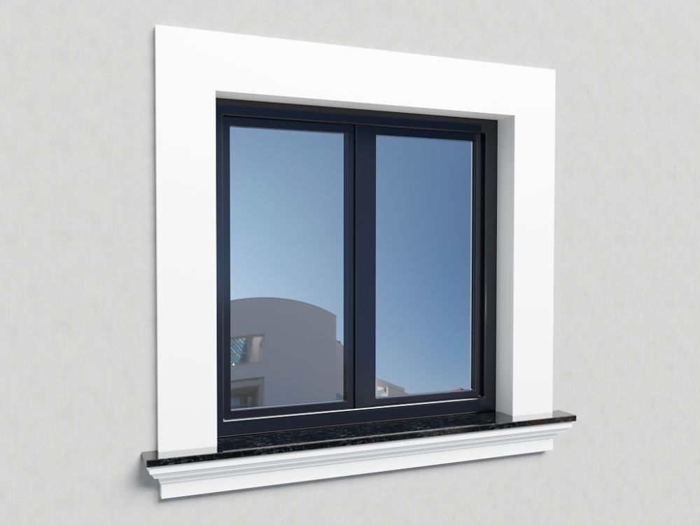 Moldura decorativa blanca para ventana moderna con alféizar negro y pared lisa