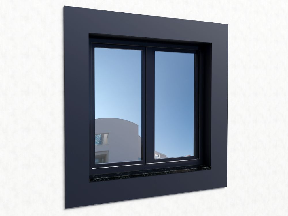 Moldura decorativa negra para ventana, moderna y minimalista, destacando en pared blanca