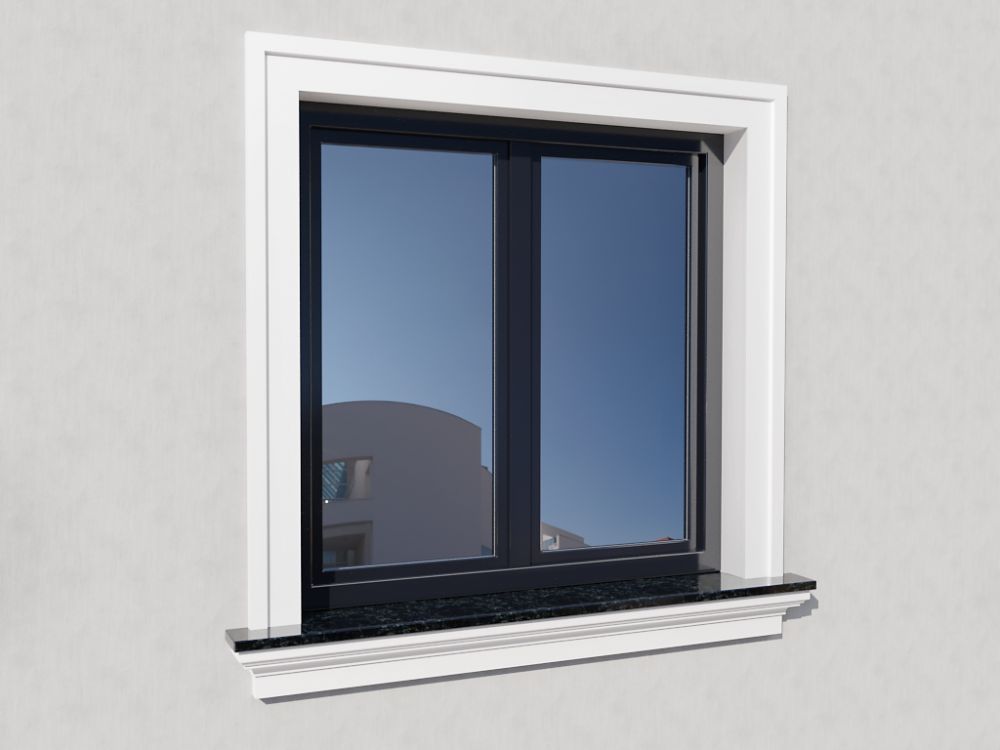 Ventana moderna con moldura decorativa blanca y alféizar de mármol sobre pared clara