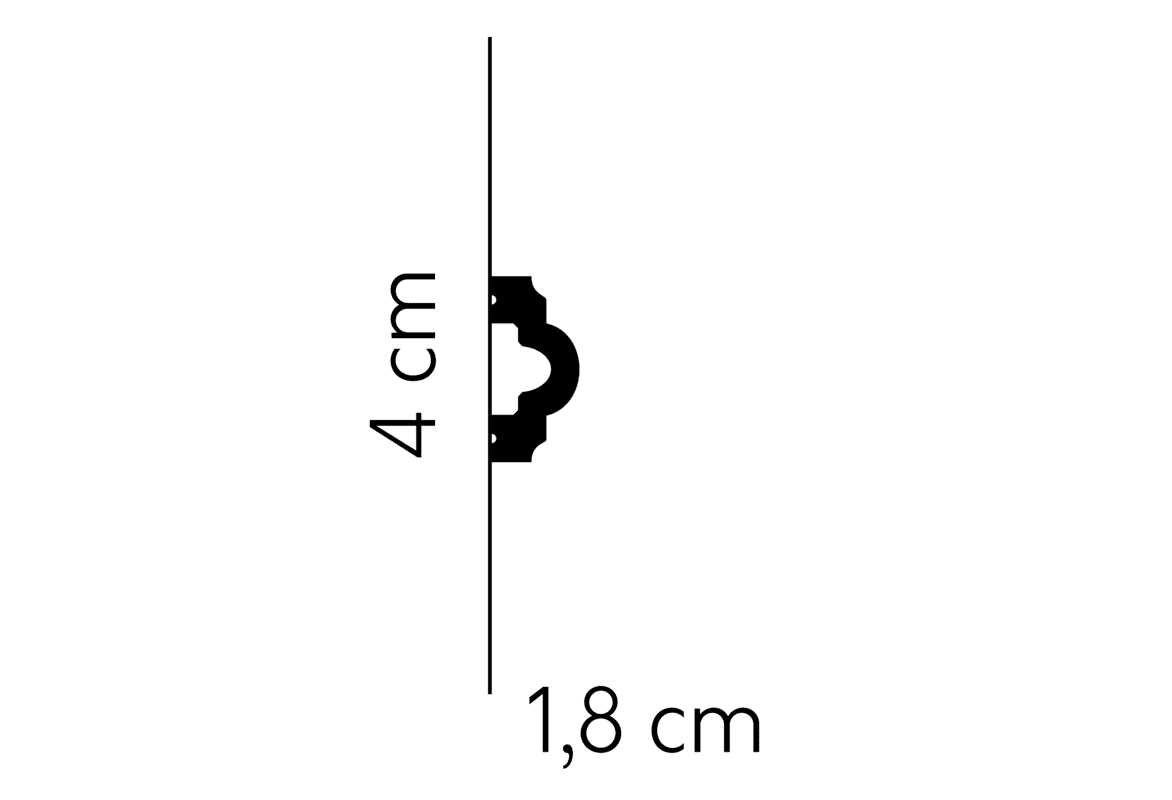 Perfil negro de moldura decorativa, medidas 4 cm x 1,8 cm sobre fondo blanco