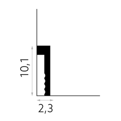 Perfil técnico de rodapié decorativo en negro con medidas 10,1 cm de alto y 2,3 cm de ancho