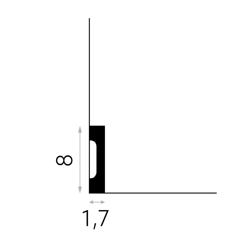 Perfil técnico de rodapié decorativo negro de 1,7 cm para pared y suelo