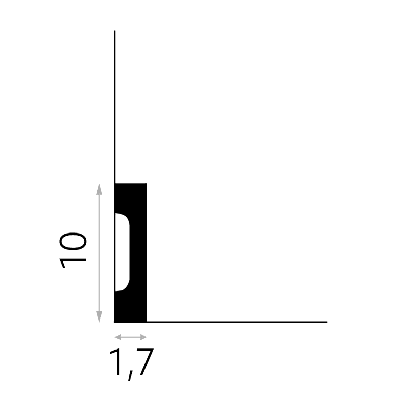 Perfil técnico de rodapié decorativo en negro, medidas 10 cm de alto y 1,7 cm de ancho.