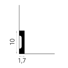Perfil técnico de rodapié decorativo en negro, medidas 10 cm de alto y 1,7 cm de ancho.
