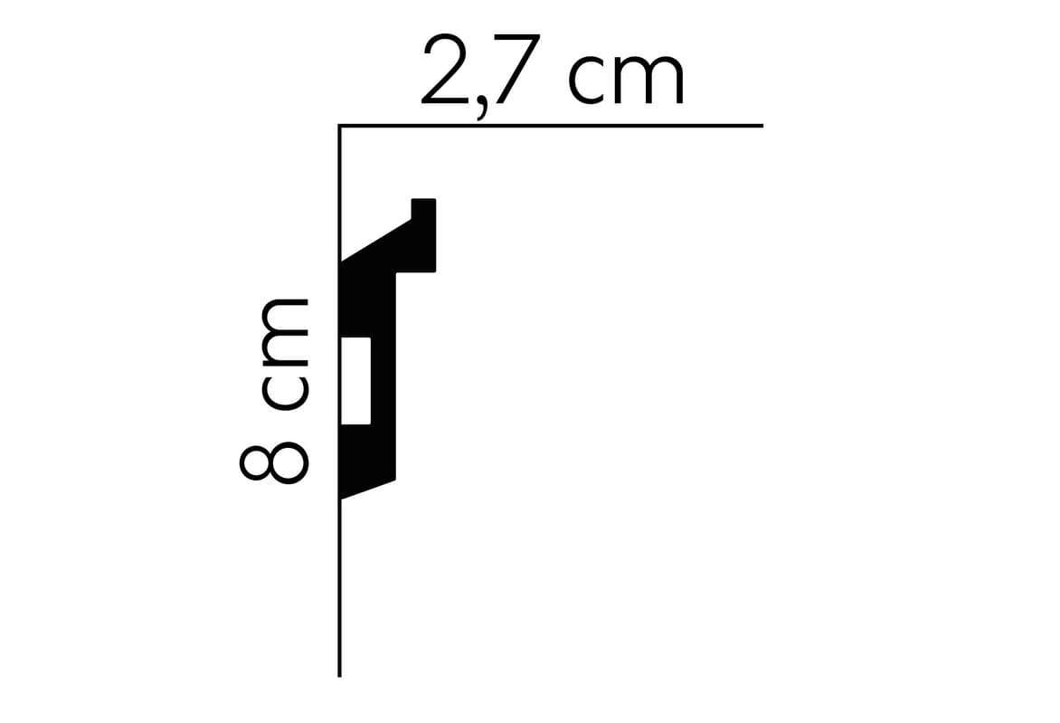 Perfil de moldura decorativa negra con medidas de 8 cm de alto y 2,7 cm de fondo