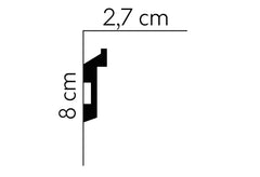 Perfil de moldura decorativa negra con medidas de 8 cm de alto y 2,7 cm de fondo