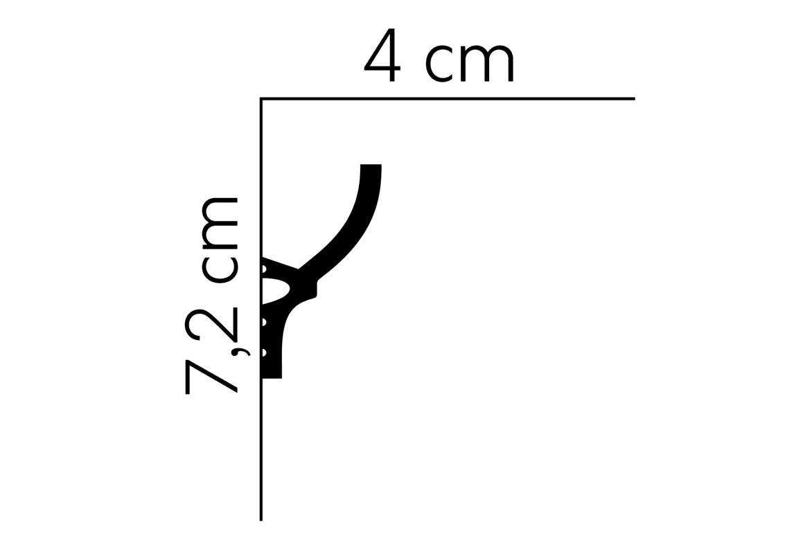 Perfil de moldura decorativa para iluminación de 7,2 x 4 cm en color negro sobre fondo blanco