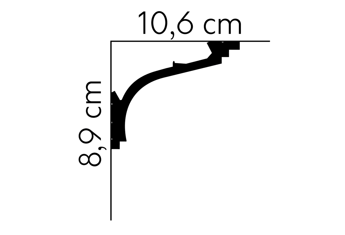 Perfil de moldura decorativa negra con medidas 10,6 cm x 8,9 cm para pared o techo