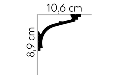 Perfil de moldura decorativa negra con medidas 10,6 cm x 8,9 cm para pared o techo