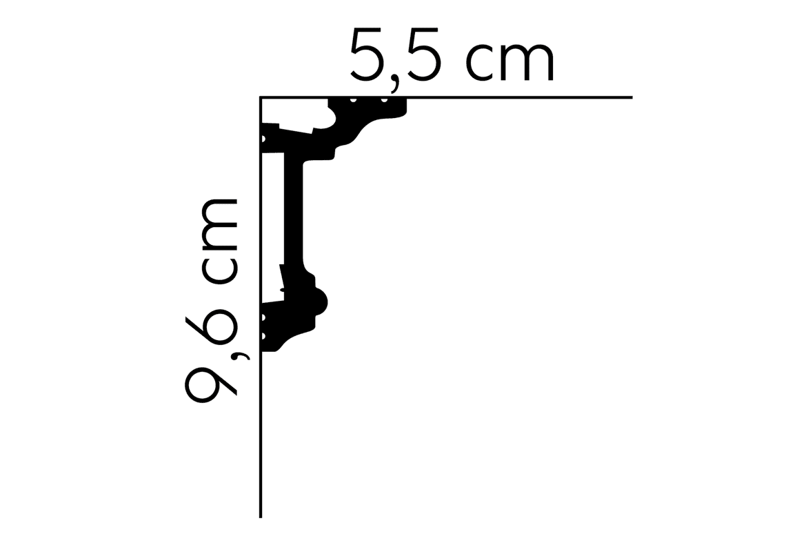 Perfil de moldura decorativa con medidas 9,6 cm x 5,5 cm en sección.