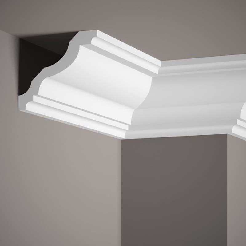 Moldura decorativa blanca en esquina de techo y pared, diseño clásico para interiores elegantes