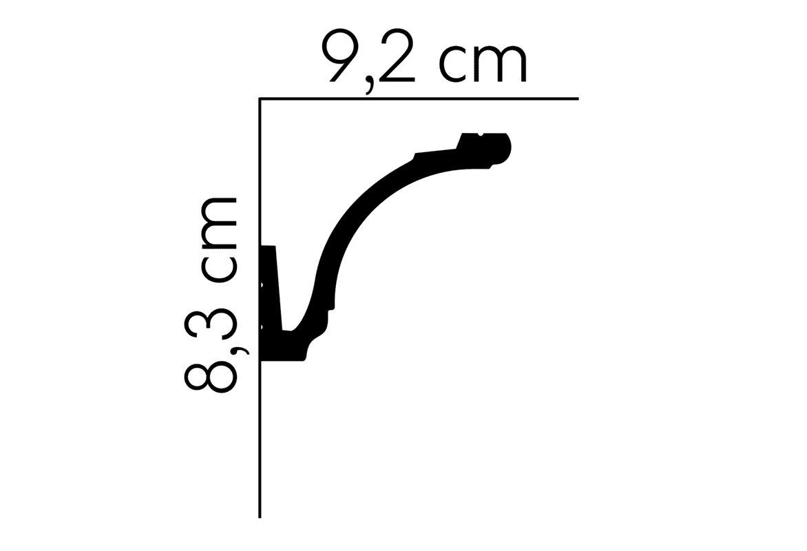 Perfil de moldura decorativa con medidas 8,3 cm de alto y 9,2 cm de ancho, color negro.