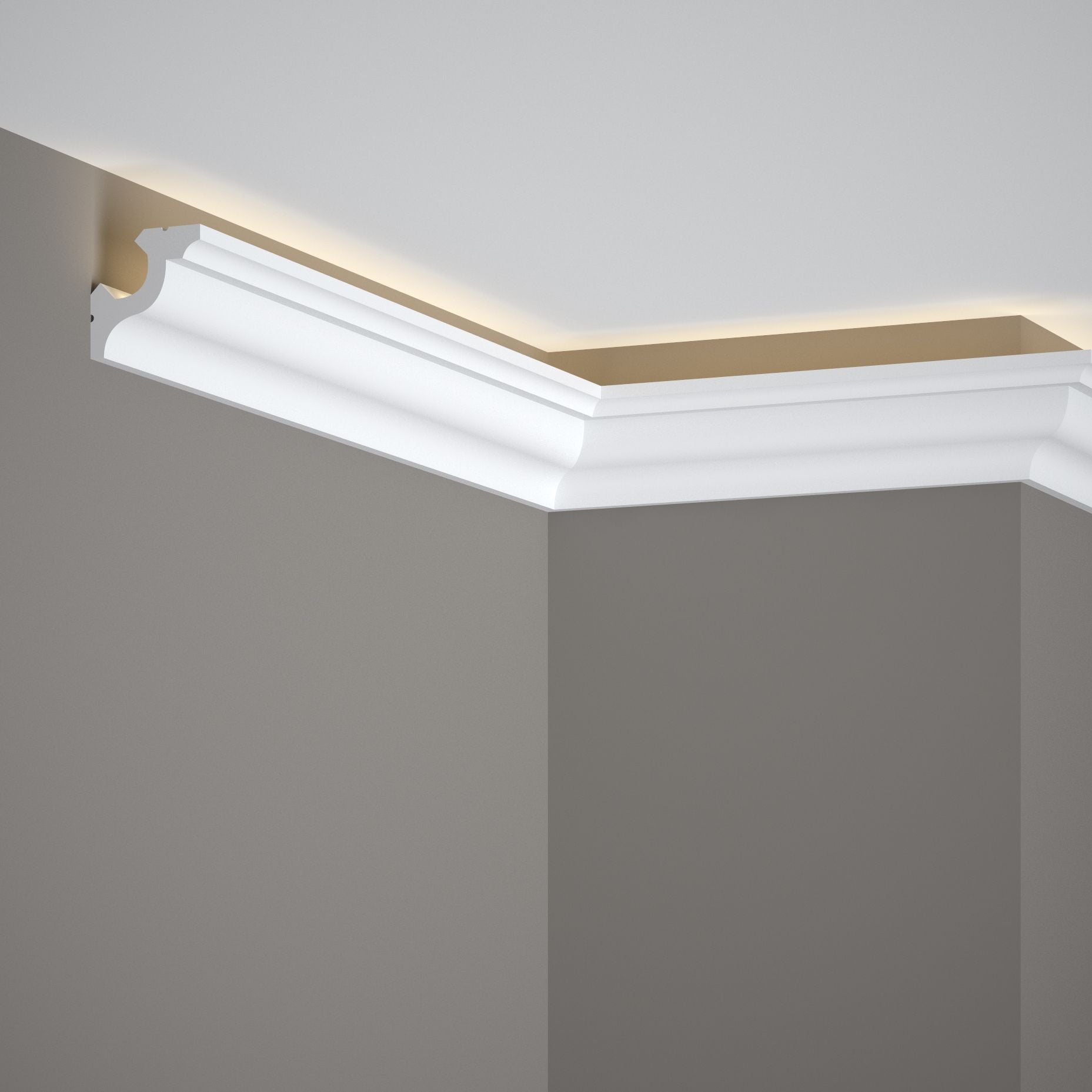 Moldura decorativa blanca en esquina de pared con iluminación LED indirecta, estilo moderno.