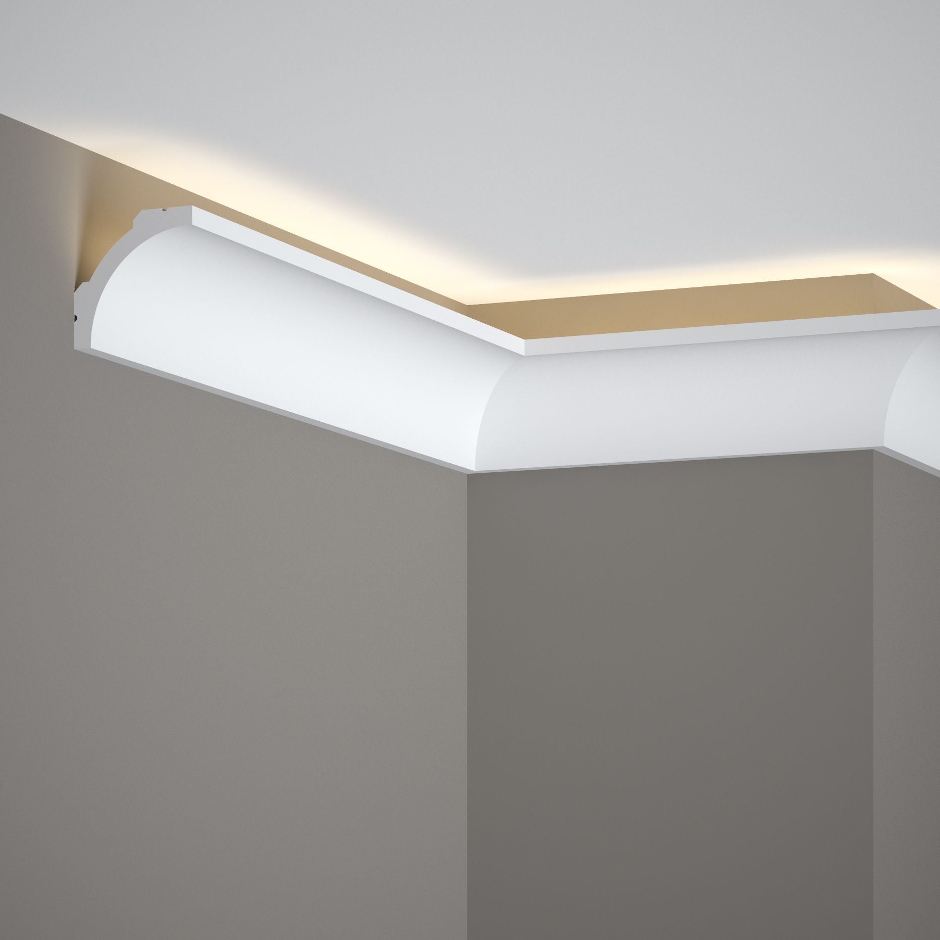 Moldura decorativa blanca para techo con luz indirecta en esquina de pared gris