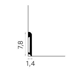Perfil negro de rodapié decorativo, medidas 7,8 cm x 1,4 cm, diseño minimalista