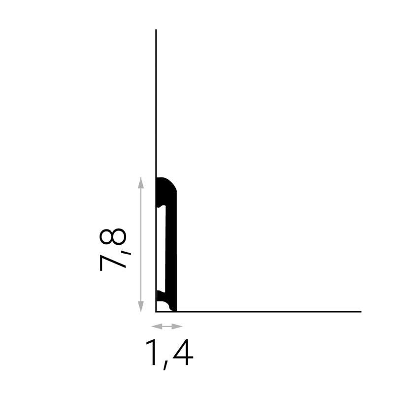 Perfil negro de rodapié decorativo, medidas 7,8 cm x 1,4 cm, diseño minimalista