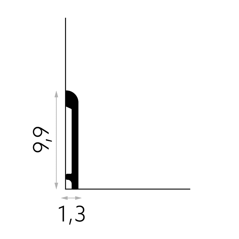 Perfil de rodapié decorativo negro, dimensiones 9,6 cm de alto y 1,3 cm de grosor.