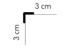 Esquema de moldura decorativa negra en ángulo recto, medidas 3x3 cm.