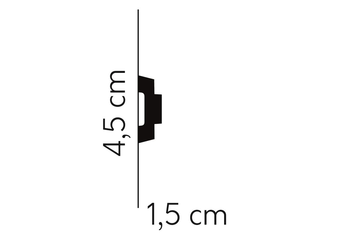 Perfil de moldura decorativa negra con medidas de 4,5 cm de alto y 1,5 cm de ancho