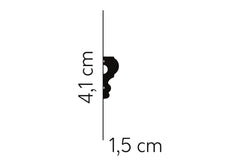 Perfil de moldura decorativa negra con medidas 4,1 cm de alto y 1,5 cm de ancho