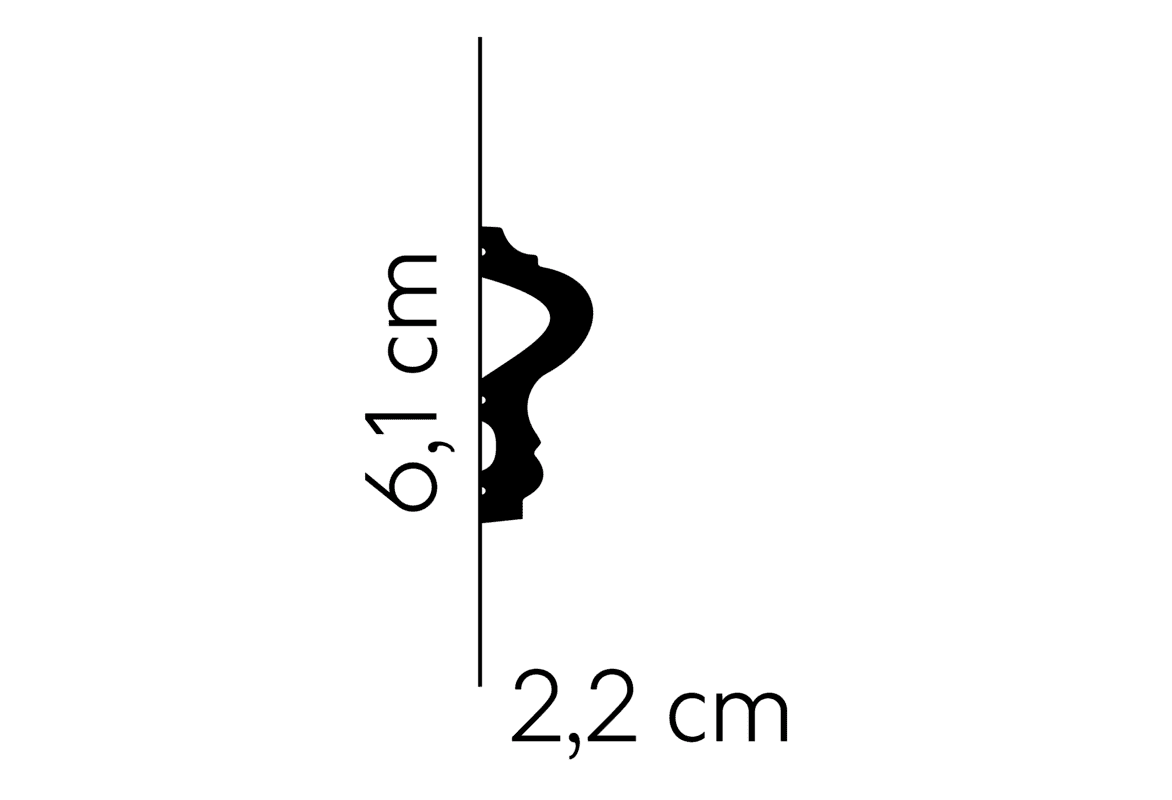 Perfil de moldura decorativa negra con medidas 6,1 cm de alto y 2,2 cm de ancho