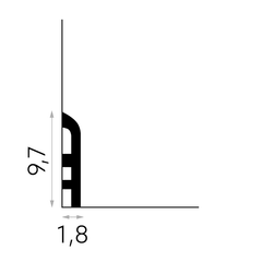Perfil rodapié decorativo negro con medidas de 9,7 cm de alto y 1,8 cm de grosor