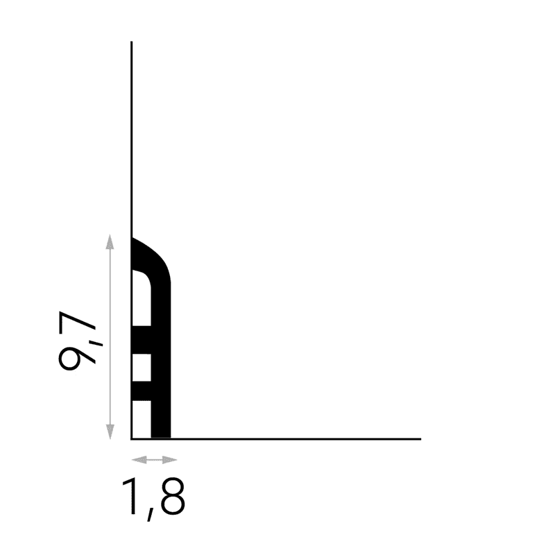 Perfil rodapié decorativo negro con medidas de 9,7 cm de alto y 1,8 cm de grosor