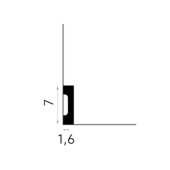 Diagrama técnico de rodapié decorativo negro, medidas 7 cm alto y 1,6 cm grosor