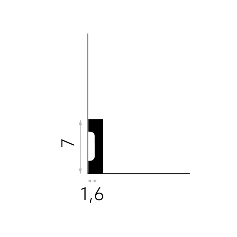Diagrama técnico de rodapié decorativo negro, medidas 7 cm alto y 1,6 cm grosor