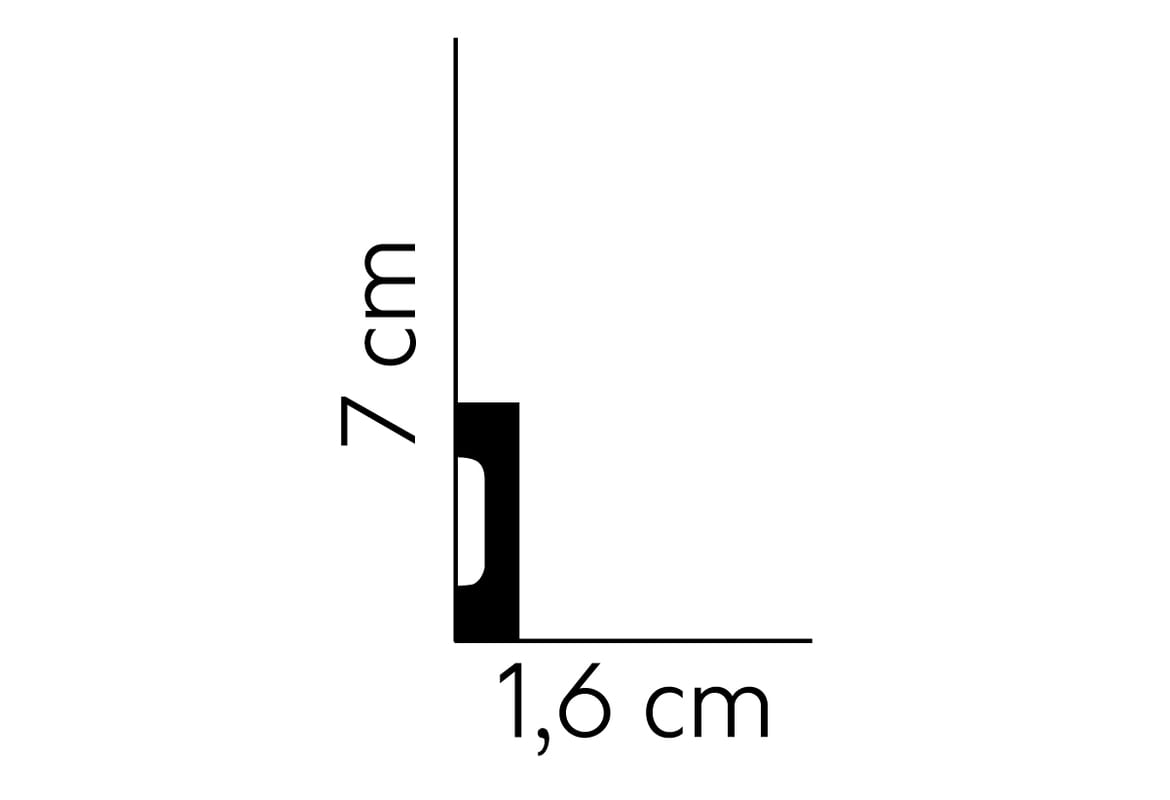Perfil de rodapié negro de 7 cm de alto por 1,6 cm de ancho, medidas señaladas