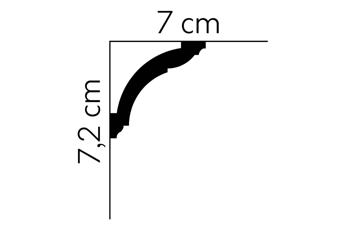 Perfil de moldura decorativa negra de 7 x 7,2 cm para pared o techo con medidas visibles