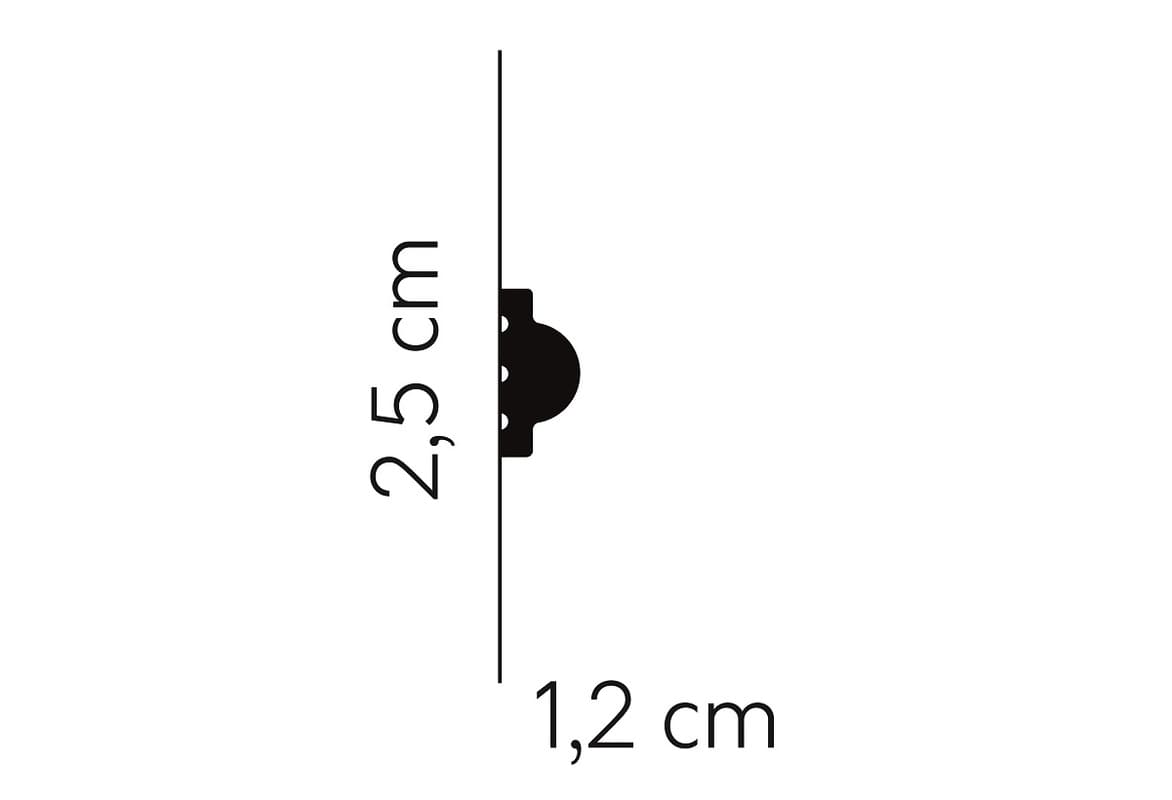 Perfil de moldura decorativa negra, dimensiones 2,5 cm por 1,2 cm sobre fondo blanco
