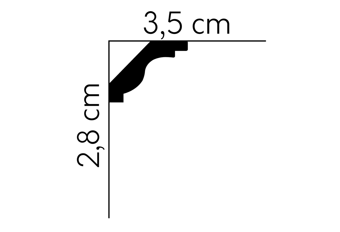 Perfil de moldura decorativa negra con medidas de 3,5 cm x 2,8 cm
