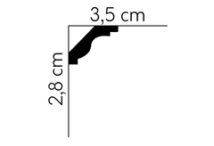 Perfil de moldura decorativa negra con medidas de 3,5 cm x 2,8 cm