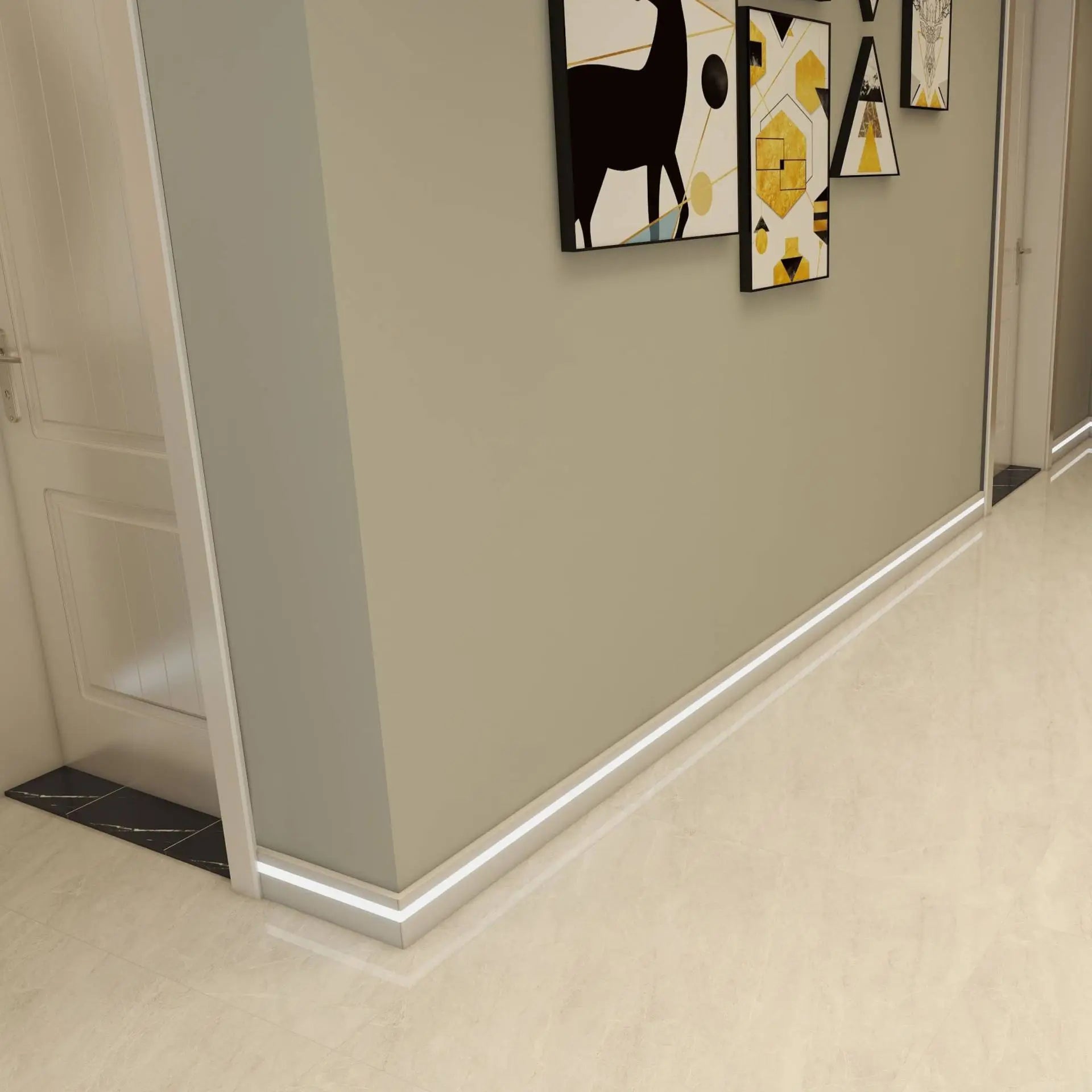 Rodapié blanco moderno de PVC con iluminación LED en pasillo de suelo claro y pared decorada